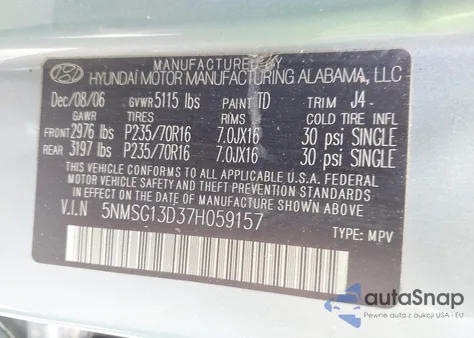 2007 Hyundai Santa Fe Gls from USA, damaged, VIN 5NMSG13D37H059157